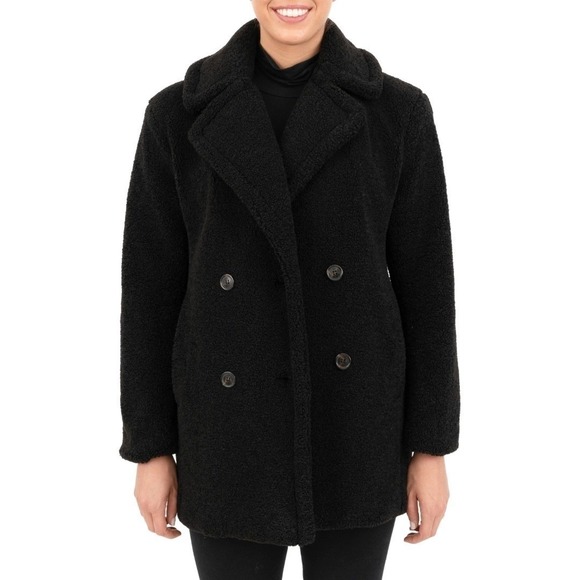 Kensie Jackets & Blazers - Kensie Womens Black Faux Fur Teddy Coat Double‎ Breasted Pockets Warm Winter NEW